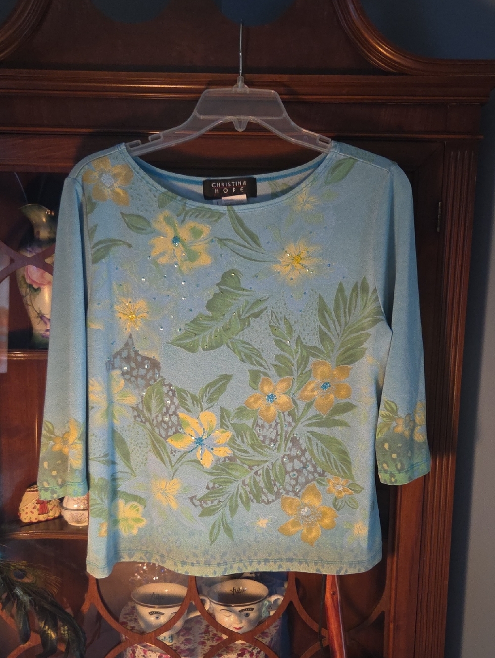 Christina Light Blue Floral Top w/ Yellow Blooms 3/4 Sleeves With Embellishments